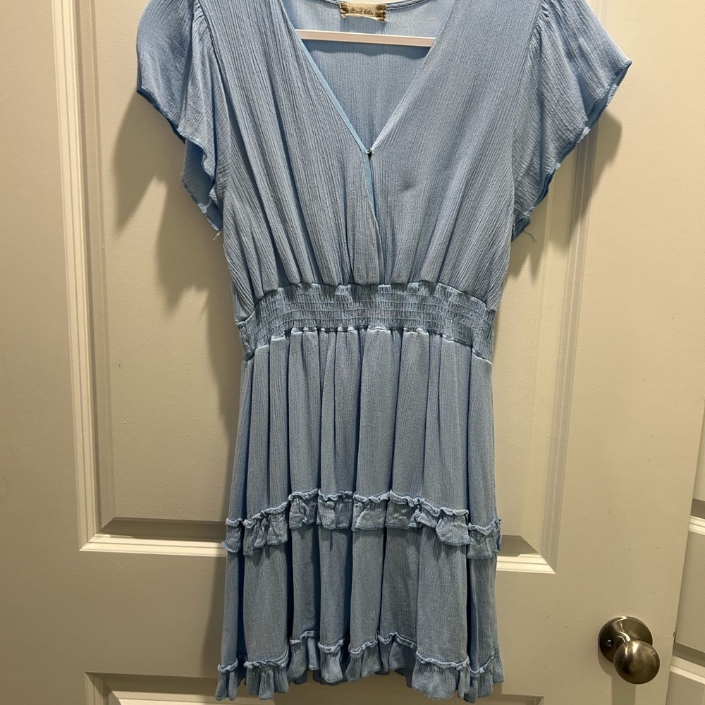Light Blue V-Neck Dress with Ruffle Details